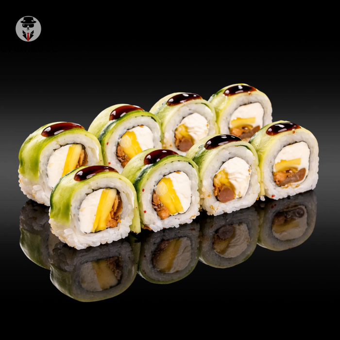 Cucumber Roll with Fried Salmon and Mango
